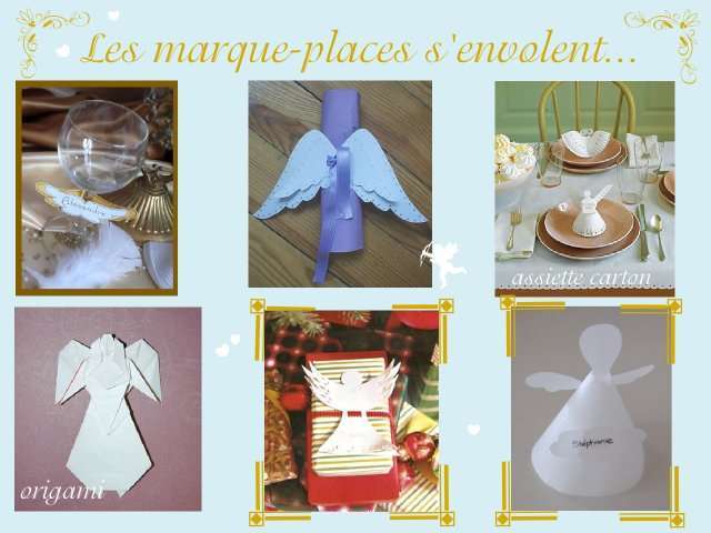   décoration mariage idées thème anges marque place porte nom ailes sur verre ange en papier  assiette en carton origami rond de serviette