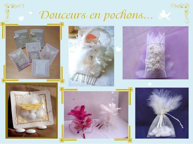  décoration mariage idées thème anges cadeaux invités pochon tissu motis ailes plumes perles brodées fleur de plume