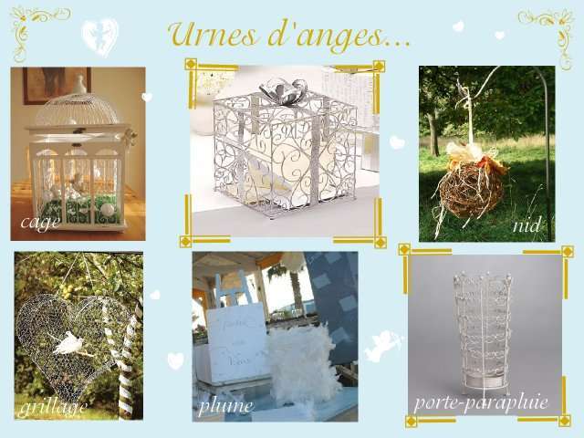   décoration mariage idées thème anges urne cage paquet cadeau nid en branchage plume porte parapluie en fer forgé blanc coeur en grillage