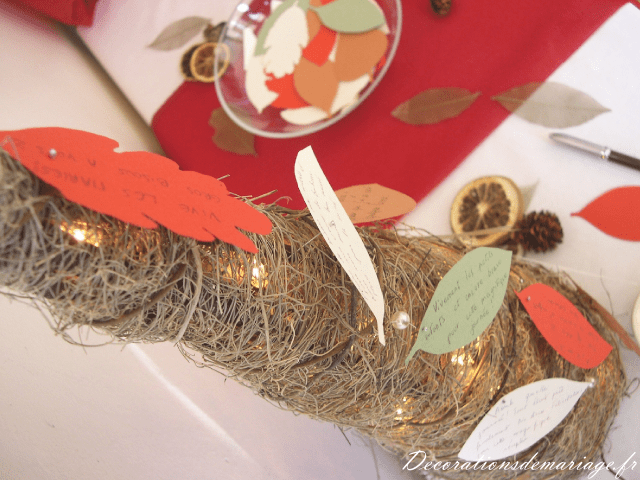   décoration mariage table loisirs créatifs faire soi même bricolage thème automne livre d'or cône des bois feuilles