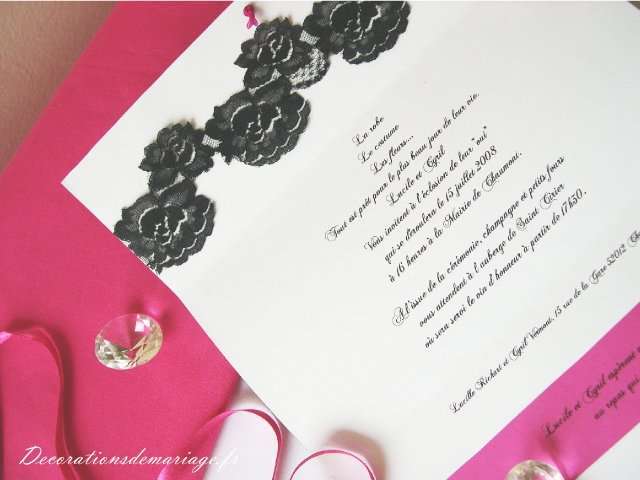  décoration mariage bricolage faire soi même loisirs créatifs thème baroque faire part noir et rose fuchsia dentelle 
