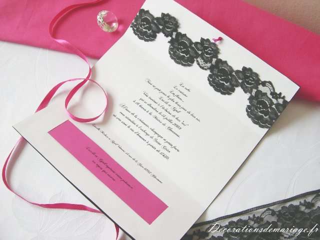   décoration mariage bricolage faire soi même loisirs créatifs thème baroque faire part noir et rose fuchsia dentelle 