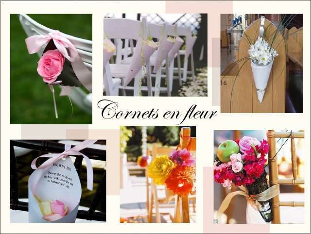 decoration chaise bancs d'eglise  mariage composition florale cornet de fleurs