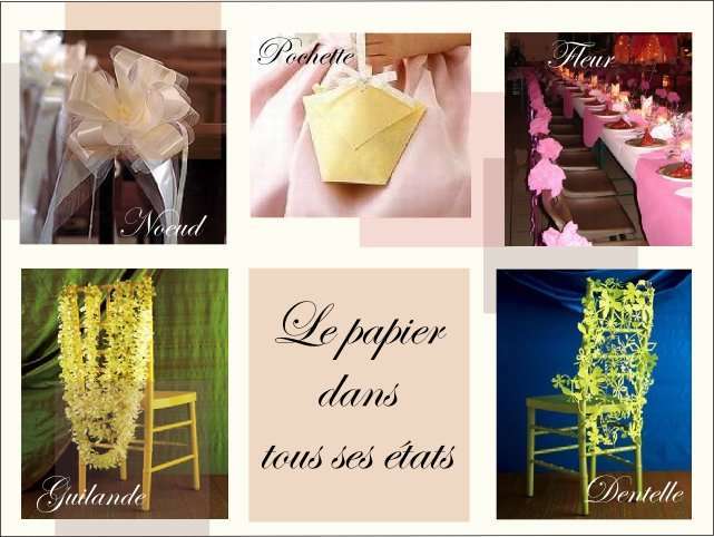 decoration chaise bancs d'eglise mariage fleurs en papier cocarde noeud pochette confettis