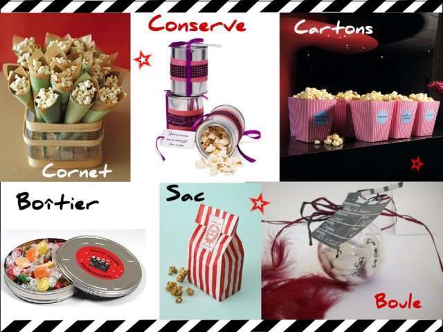 décoration mariage thème cinéma cadeaux décoration mariage thème cinéma cadeaux cornet pop corn cartons boîte conserve boîtuier bobine boule transparente plastique