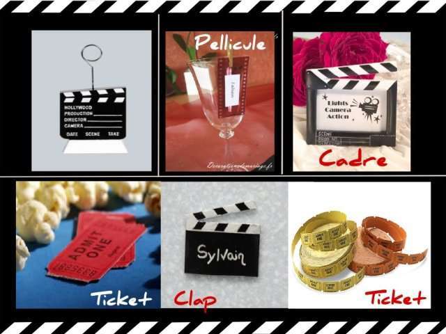 décoration mariage thème cinéma marque place porte nom décoration mariage thème cinéma marque place porte nom cadre clap ticket cinéma pellicule accroché au verre par pince à linge