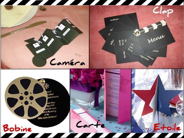décoration mariage thème cinéma menu décoration mariage thème cinéma menu caméra scrapbooking livre étiquette clap éventail bobine pellicule carte étoile étoile 3 D