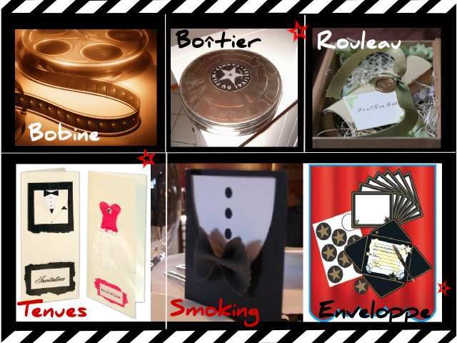 décoration mariage thème cinéma menu décoration mariage thème cinéma menu bobine de film boîtier carte smoking costume robe de soirée rouleau cachet cire enveloppe cérémonie oscar