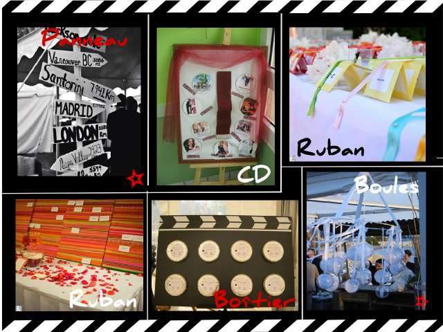 décoration mariage thème cinéma plan de table décoration mariage thème cinéma plan de table idées panneau signalisation Cd de film dvd ruban carton posé sur table boîtier bobine boule transparente suspendue