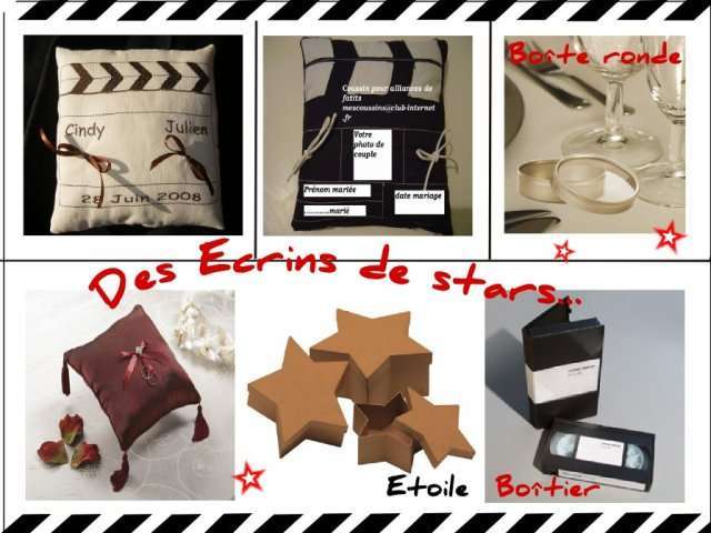 décoration mariage thème cinéma porte alliance décoration mariage thème cinéma porte allianceboîtier casette vhs coussin clap boîte fer bobine boîte carton étoile coussin velours rouge