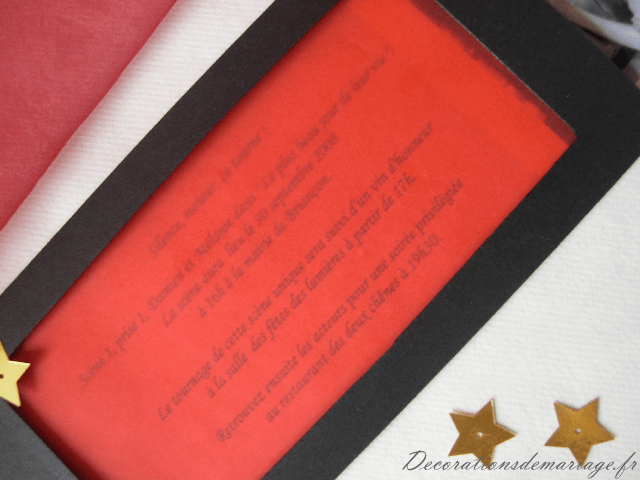   décoration mariage thème cinéma faire part noir rouge pellicule légendes d'hollywood pochette calque rouge