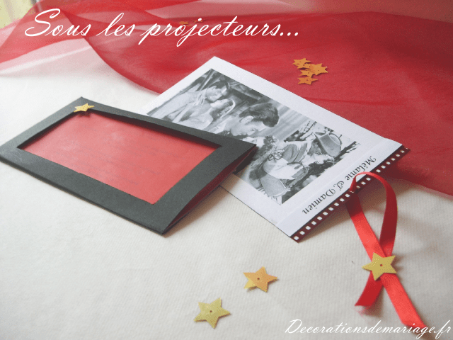   décoration mariage thème cinéma faire part noir rouge pellicule légendes d'hollywood pochette