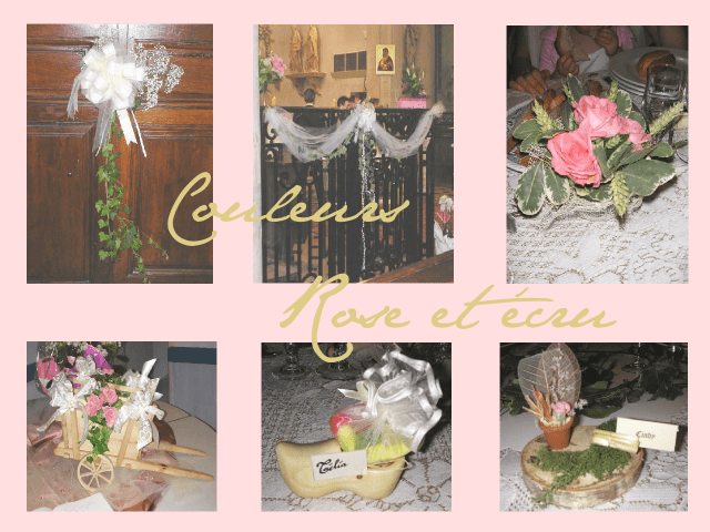 contribution décoration mariage rose et écru champêtre cadeaux sabot en bois charrue 