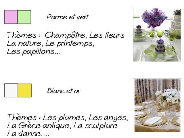 thème de mariage décoration couleur parme et vert blanc et or