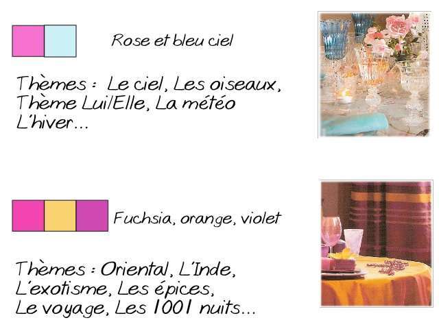 thème de mariage décoration couleur rose et bleu ciel fuchsia orange violet