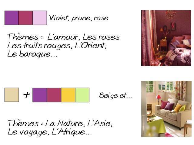  thème de mariage décoration couleur violet rose et prune beige et violet rose vert jaune