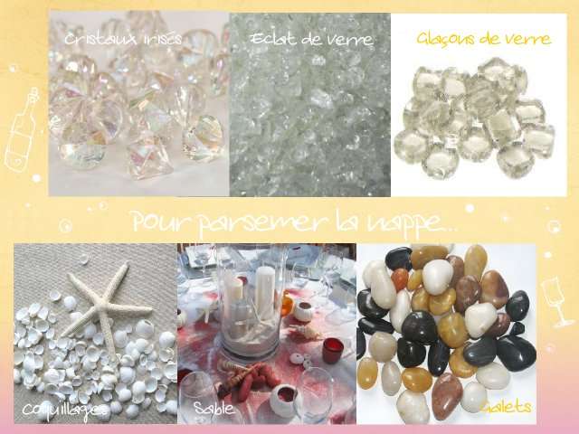 table decoration to sprinkle iridescent crystal pebbles sand seashells broken glass decoration de table à parsemer cristaux irisés éclats de verre coquillages sable galets