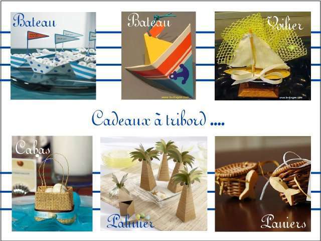 Décoration mariage idées thème mer cadeaux invités Décoration mariage idées thème mer cadeaux invités boite à dragée bateau voilier cabas de plage panier osier boîte palmier