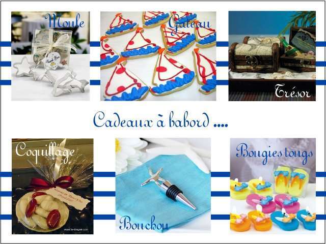 Décoration mariage idées thème mer cadeaux invités Décoration mariage idées thème mer cadeaux invités moule à gâteau coffre au trésor gâteau coquillage à dragées bougies tongs bouchon étoile de mer