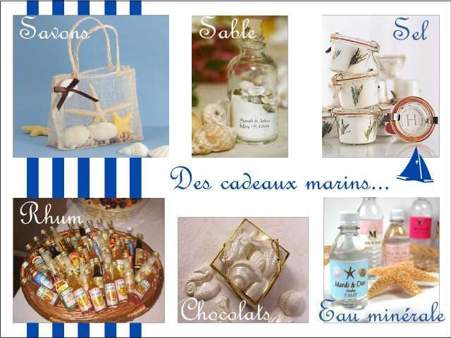 Décoration mariage idées thème mer cadeaux invités Décoration mariage idées thème mer cadeaux invités savons sable coquillage pot de sel rhum eau minérale chocolat