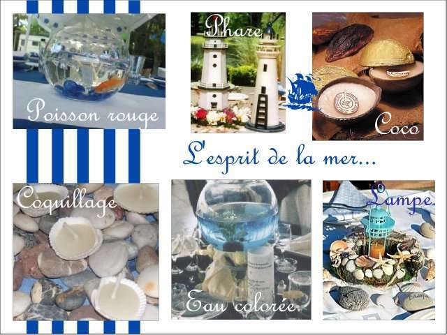 Décoration mariage idées thème mer centre de table Décoration mariage idées thème mer centre de table bocal poisson rouge phare bougie noix de coco coquillage eu colorée
