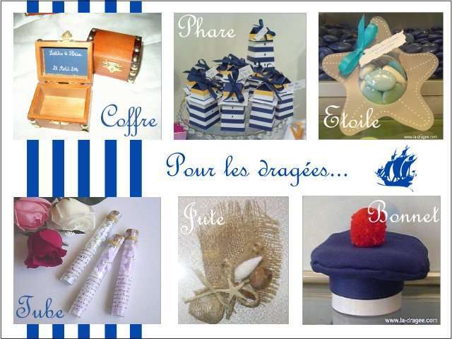 Décoration mariage idées thème mer cadeaux invités Décoration mariage idées thème mer cadeaux invités boîte à dragée coffre boix phare étoile bonnet marin pompon tube à essai fiole pochon toile de jute
