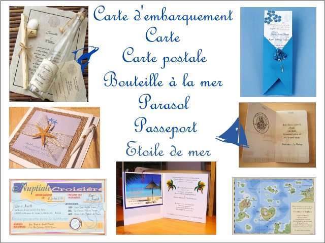 Décoration mariage idées thème mer faire-part Décoration mariage idées thème mer faire-part carte géographique bouteille ombrelle papier carte postale passeport carte d'embarquement étoile de mer