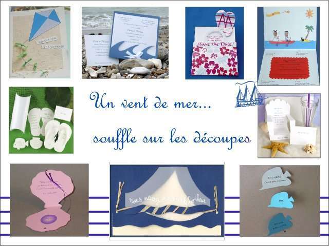 Décoration mariage idées thème mer faire-part Décoration mariage idées thème mer faire-part cerf volant tongs vague photo transat chaise longue poisson coquillage bateau voilier