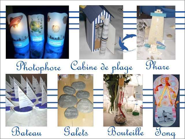 Décoration mariage idées thème mer menu Décoration mariage idées thème mer menu cabine de plage photophoreaquarium poisson phare en éventail galet voilier en bouteille tong