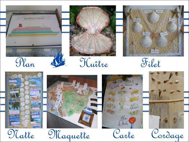 Décoration mariage idées thème mer plan de table Décoration mariage idées thème mer plan de table plan bateau coquillage huître crodage filet carte géographique natte de plage maquette bordure de mer