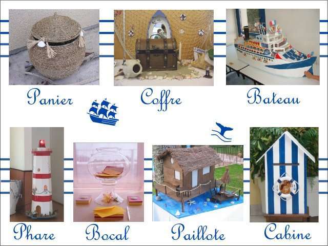 Décoration mariage idées thème mer urne Décoration mariage idées thème mer urne coffre trésor panier corbeille maquette bateau voilier phare cabine de plage paillote bocal à poisson