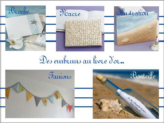 Décoration mariage idées thème mer livre d'or Décoration mariage idées thème mer livre d'or broche étoile de mer nacre fanions bouteille messages