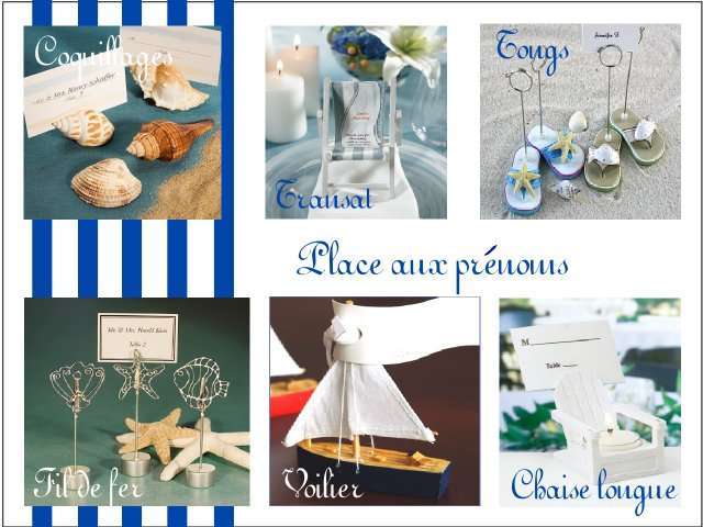 Décoration mariage idées thème mer marque place Décoration mariage idées thème mer marque place porte nom coquillage tongs transat fil de fer chaise longue voilier