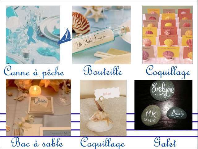 Décoration mariage idées thème mer marque place Décoration mariage idées thème mer marque place porte nom bouteille coquillage canne à pêche galet bac à sable