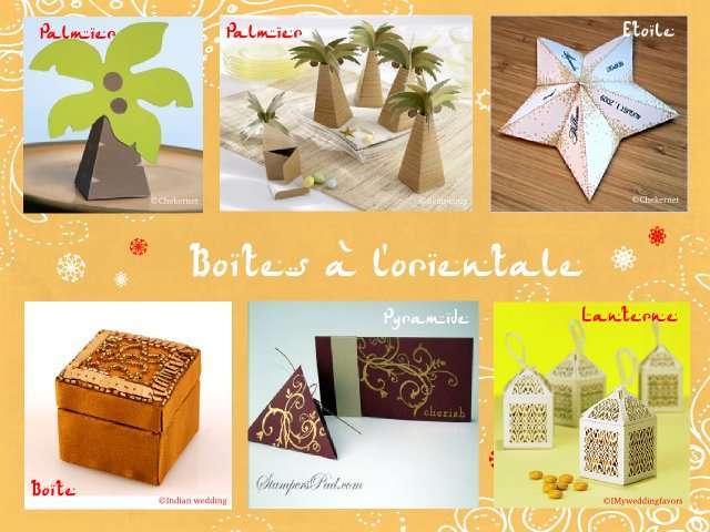 décoration mariage idées thème oriental 1001 nuits bollywood cadeaux invités original boîtes à dragées palmier étoile pyramide lanterne orientale boîte en tissu