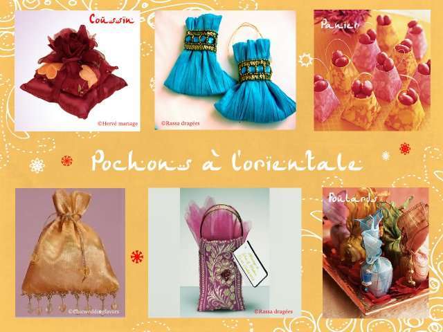 décoration mariage idées thème oriental 1001 nuits bollywood cadeaux invités original pochons à dragées panier coussin  brodé perle foulard