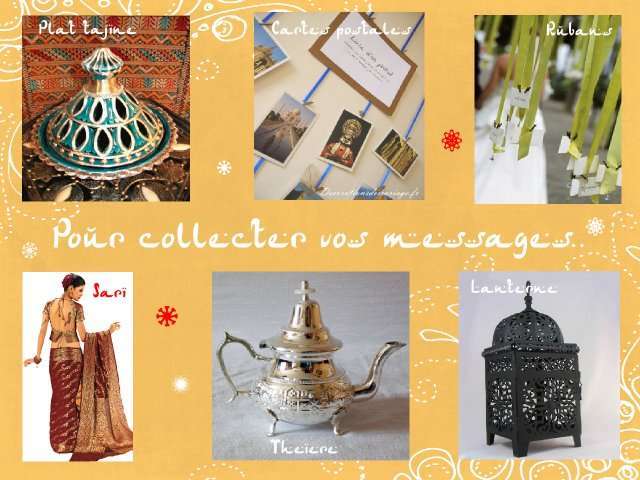 décoration mariage idées thème oriental 1001 nuits bollywood livre d'or écrire sur sari plat à tajine théière lanterne marocaine cartes postalesruban