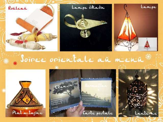 décoration mariage idées thème oriental 1001 nuits bollywood menu rouleau de tissu lampe d'aladin lanterne marocaine carte postale plat à tajine