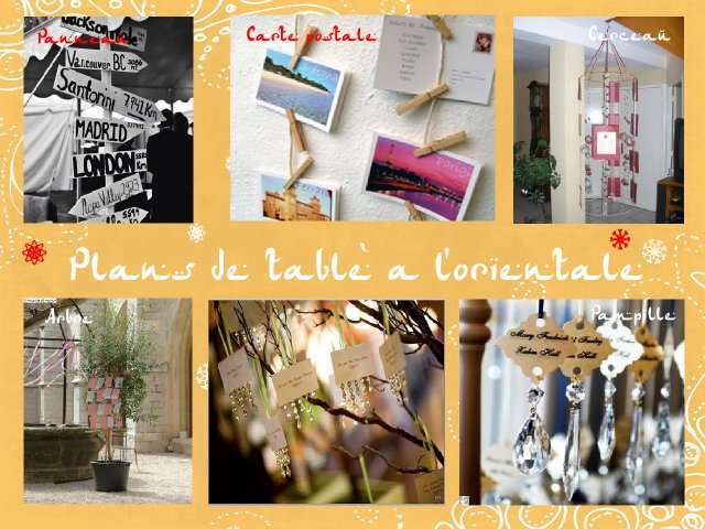 décoration mariage idées thème oriental 1001 nuits bollywood plan de table panneau de signalisation carte postale cerceau suspendu arbre pendeloques perles