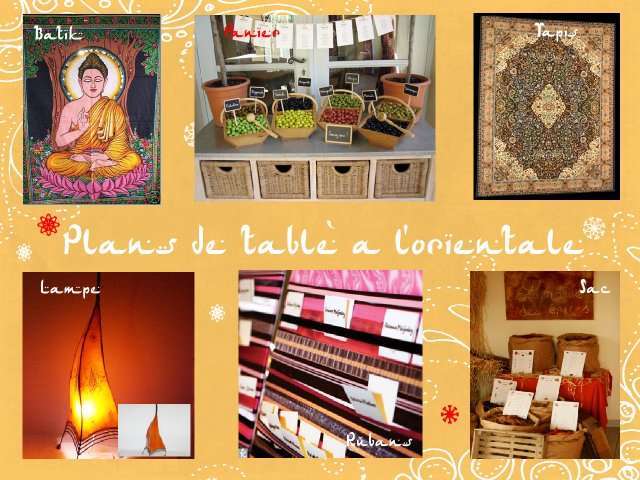 décoration mariage idées thème oriental 1001 nuits bollywood plan de table batik tissu corbeille d'aliments tapis marocain lampe en peau ruban sac en toile de jute épices