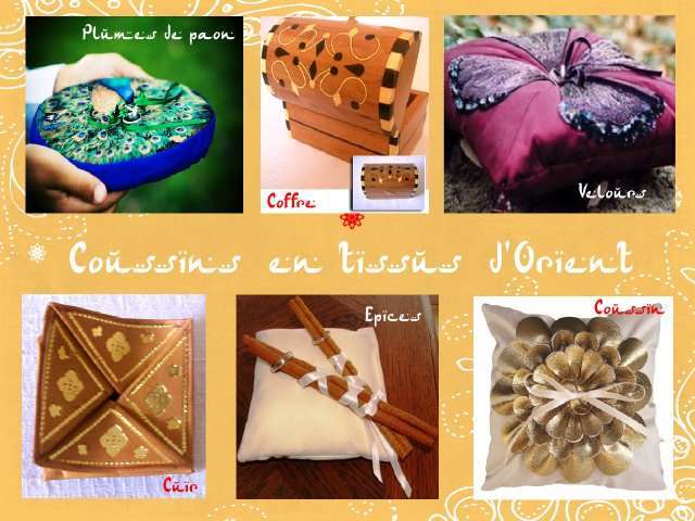 décoration mariage idées thème oriental 1001 nuits bollywood porte alliance coussin plume de paon épices bâton de canelle pochette en cuir  coffre velours
