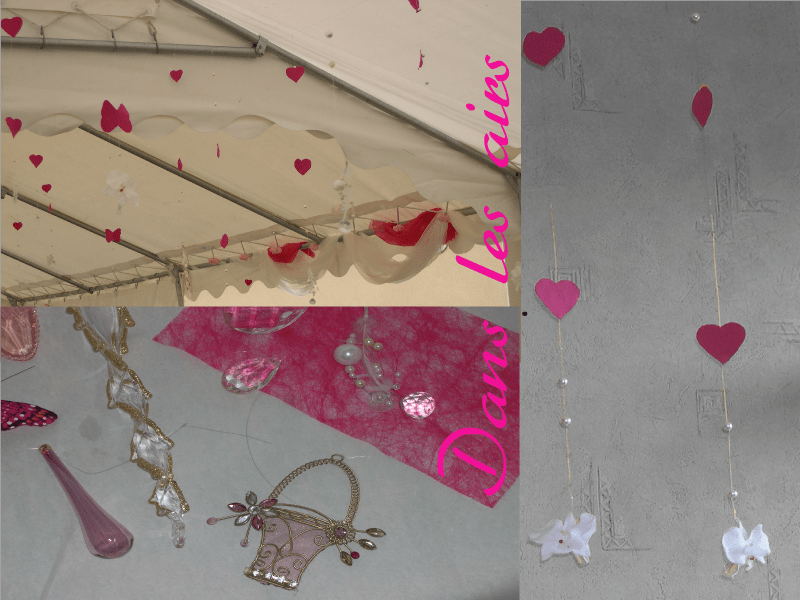  idées décorations mariage thème décoration de salle chapiteaux coeur en tissu pendeloque de cristal soliflore d'orchidée fuchsia