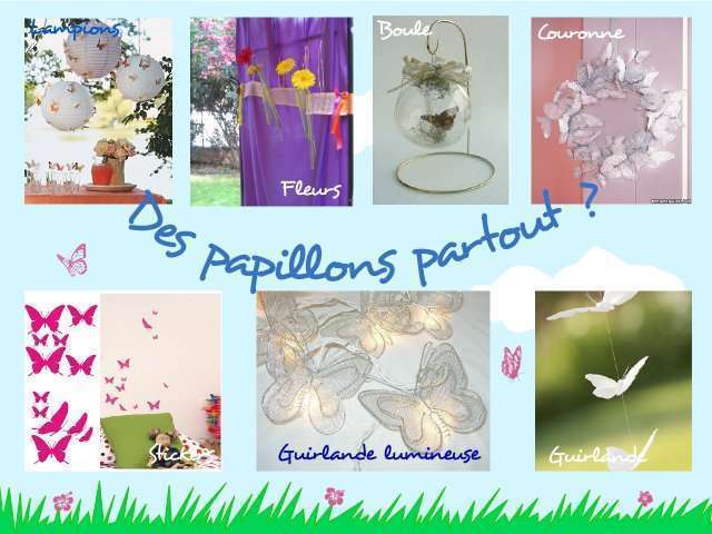 décoration mariage idées thème papillon décoration de salle décoration mariage papillon nature champetre salle plafond boule lampion boule transparente plastique couronne ruban mobile stickers guirlande lumineuse loisirs créatifs
