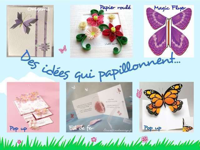 décoration mariage idées thème papillon faire-part décoration mariage idées thème papillon faire-part invitation papillon en origami fleur en papier roulé carte pop up fil de fer magic flyer