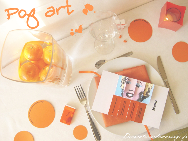 décoration mariage table thème pop art orange menu flag marque place tic tac décoration mariage table loisirs créatifs faire soi même bricolage thème pop art orange menu flag scrapbooking marilyn monroe andy warhol marque place tic tac