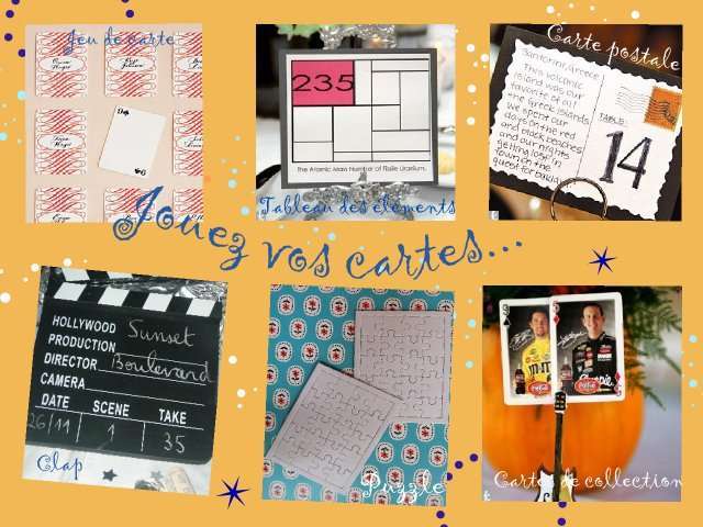 Noms de table mariage présentation carte de collection jeu de cartes carte postale tableau des éléments clap cinéma puzzle Noms de table mariage loisirs créatifs bricolage faire soi même présentation carte de collection jeu de cartes carte postale voyage mer tableau des éléments clap cinéma puzzle