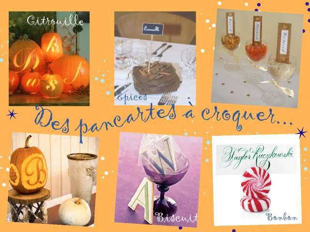 Plan de table mariage présentation à croquer gourmandise Noms de table mariage loisirs créatifs bricolage faire soi même présentation gourmandise citrouille photophore biscuit bonbons épices sac verre