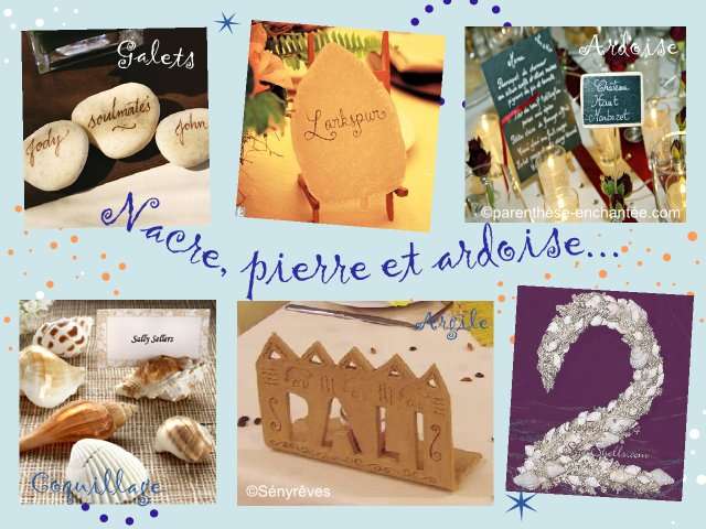 Noms de table mariage présentation en minéral Porte noms de table mariage loisirs créatifs bricolage faire soi même présentation modelage argile africain galets coquillage ardoise école bistrot