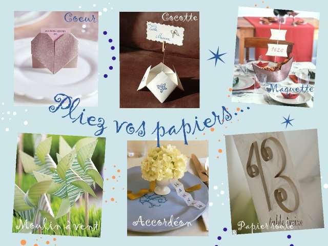 Noms de table mariage présentation technique papier Noms de table mariage loisirs créatifs bricolage faire soi même présentation support coeur cocoatte en papier bateau mer moulin à vent enfance accordéon papier roulé