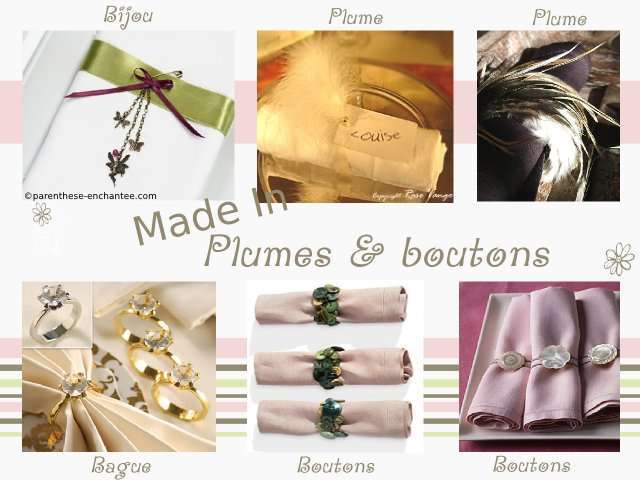 rond de serviette table bricolage loisirs créatifs plume bijou perles boutons de couture bague